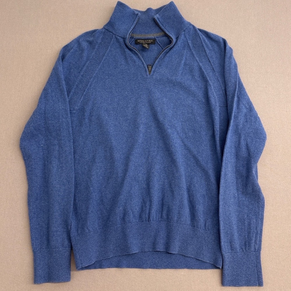 Banana Republic Mens M Blue Cotton Cashmere Quarter Zip Pullover Sweater Mock